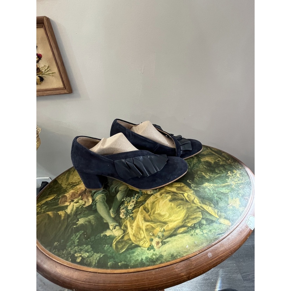 KMB Anthropologie Navy Suede Ruffle Accent Block Heel Pumps Size 38